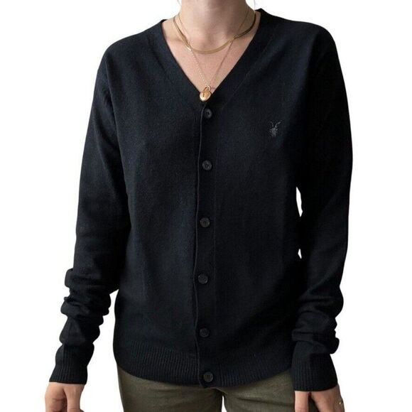 All Saints Womens Navy Blue 100% Wool Preppy Minimalist V Neck Cardigan Sz L - Picture 5 of 7